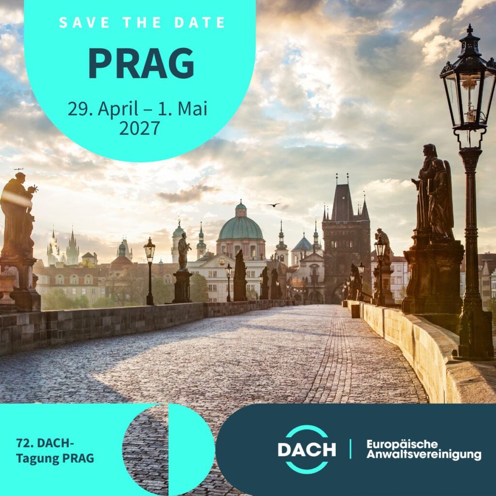 Save-the-Date zur 72. DACH-Tagung in Prag vom 29. April bis 1. Mai 2027 mit Blick auf die Karlsbrücke.